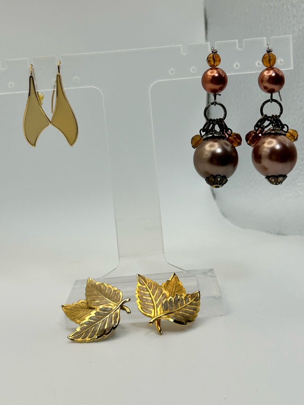Vintage Fall Tones Earrings Lot of 3 Pair Gold-tone Leaf Faux Pearl Drop